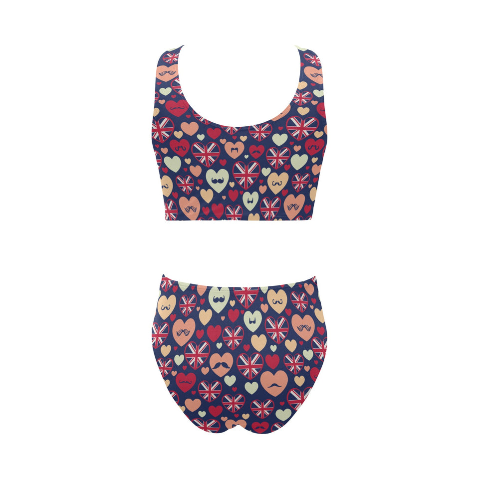 British Pattern Print Design 02 Chest Bowknot High Waisted Bikini Swimsuit