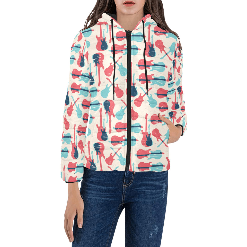 Red Blue guitar pattern Women's Padded Hooded Jacket