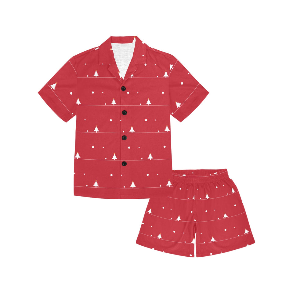 Christmas tree star snow red background Kids' Boys' Girls' V-Neck Short Pajama Set