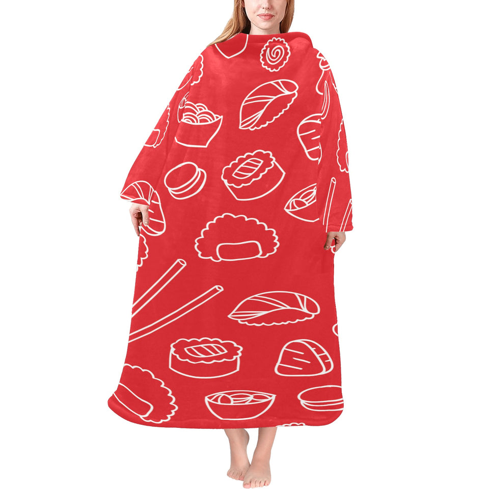 sushi pattern red background Blanket Robe with Sleeves