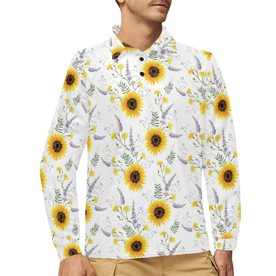 beautiful sunflowers pattern Men's Long Sleeve Polo Shirt