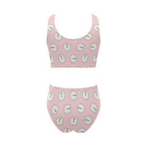 Clock pattern pink blackground Chest Bowknot High Waisted Bikini Swimsuit