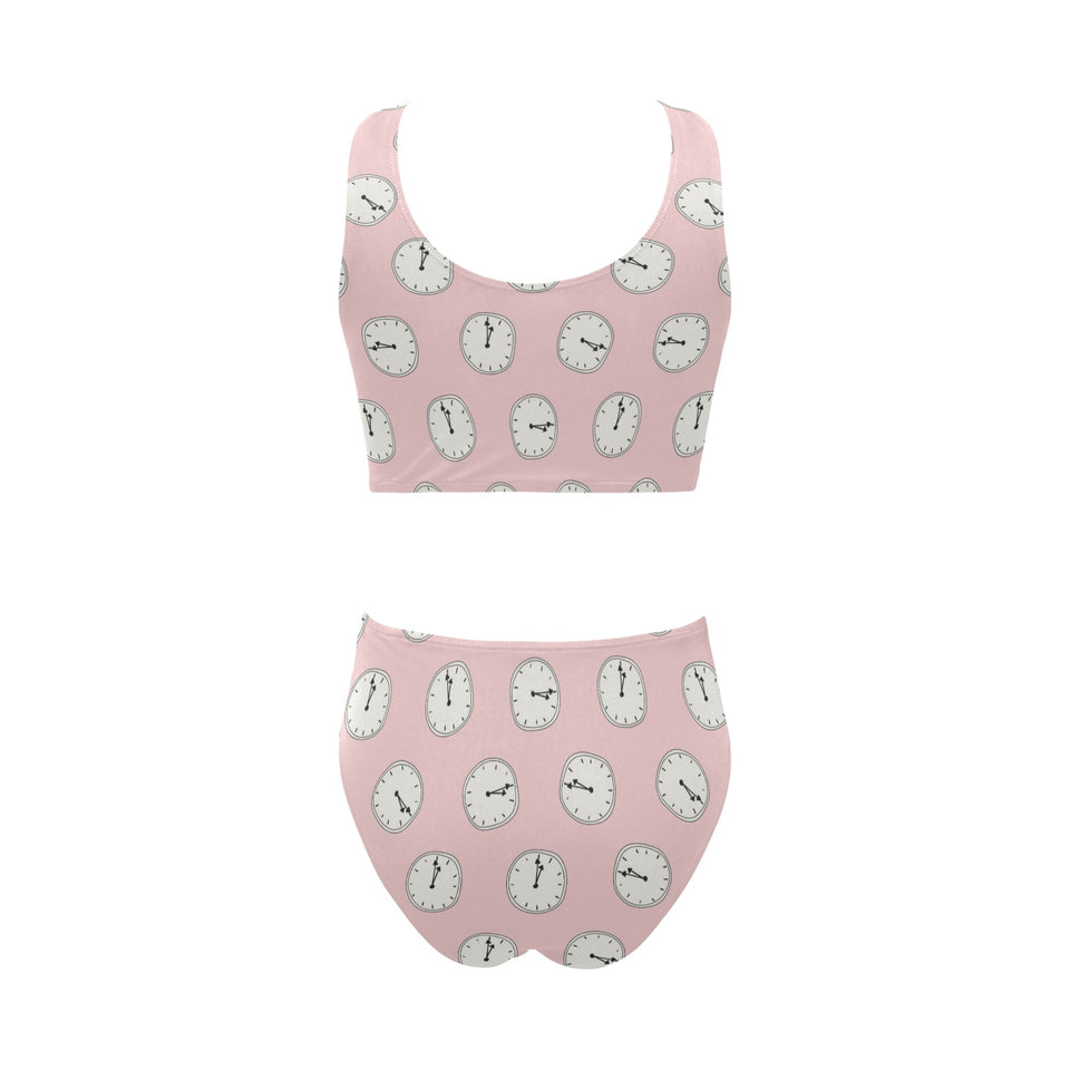 Clock pattern pink blackground Chest Bowknot High Waisted Bikini Swimsuit