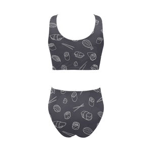 sushi pattern black background Chest Bowknot High Waisted Bikini Swimsuit