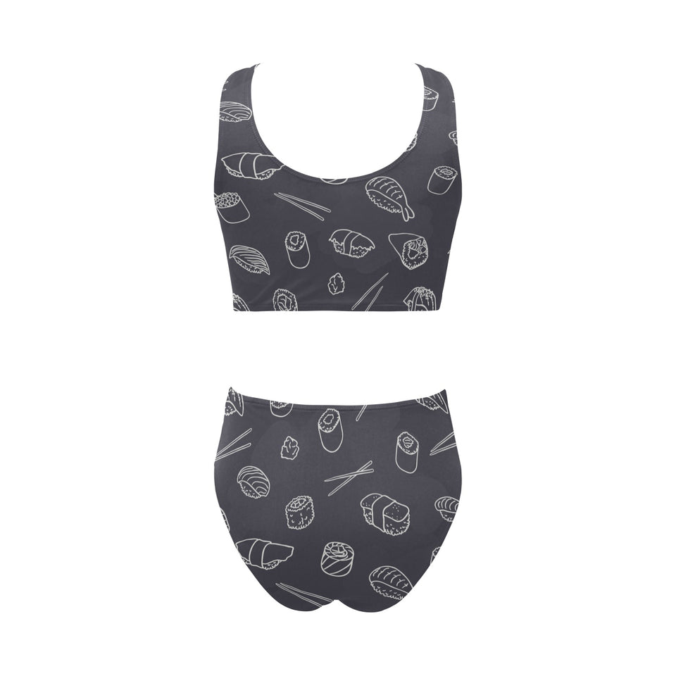 sushi pattern black background Chest Bowknot High Waisted Bikini Swimsuit