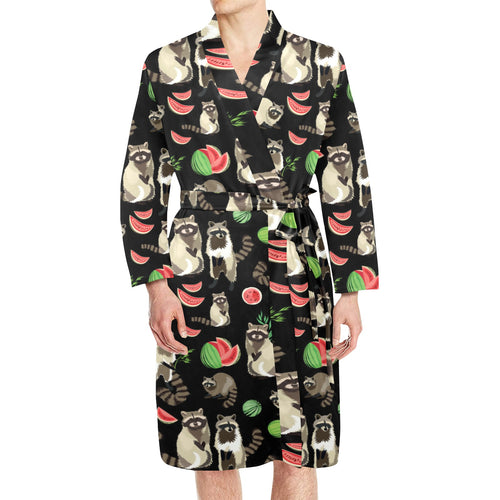 Raccoon watermelon pattern Men's Long Sleeve Belted Night Robe