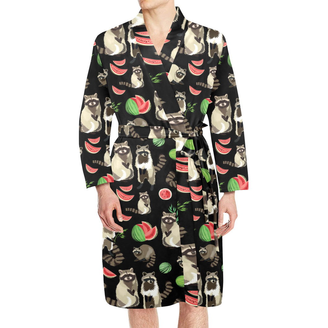 Raccoon watermelon pattern Men's Long Sleeve Belted Night Robe