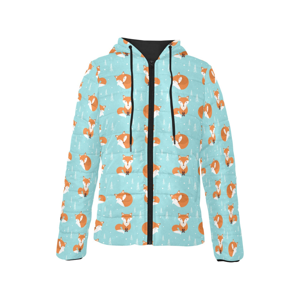 Fox pattern blue b ackground Women's Padded Hooded Jacket