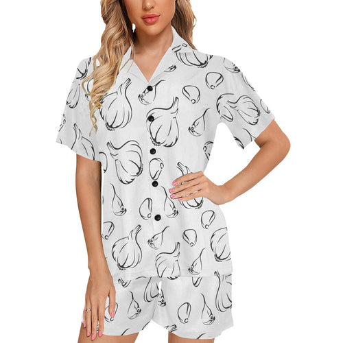 Garlic pattern black white Women's V-Neck Short Pajama Set