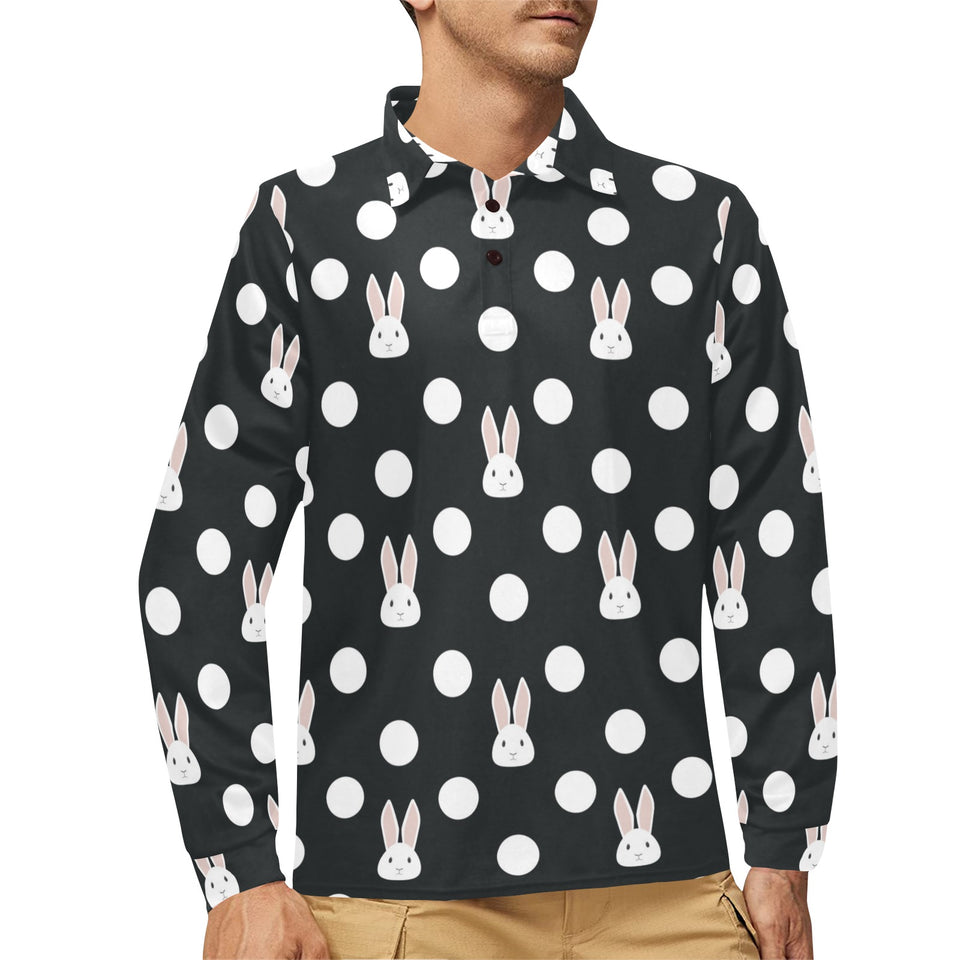 Cute white rabbit polka dots black background Men's Long Sleeve Polo Shirt