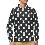 Cute white rabbit polka dots black background Men's Long Sleeve Polo Shirt