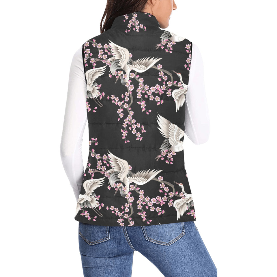 Japanese crane pink sakura pattern Women's Padded Vest