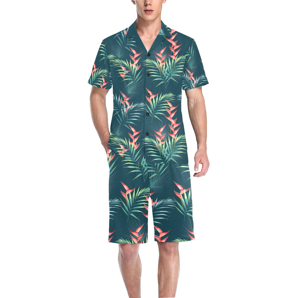 heliconia flowers, palm and monstera leaves on bla Men's V-Neck Short Pajama Set