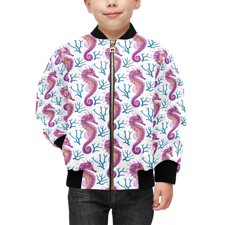 Purple seahorse blue coral pattern Kids' Boys' Girls' Bomber Jacket