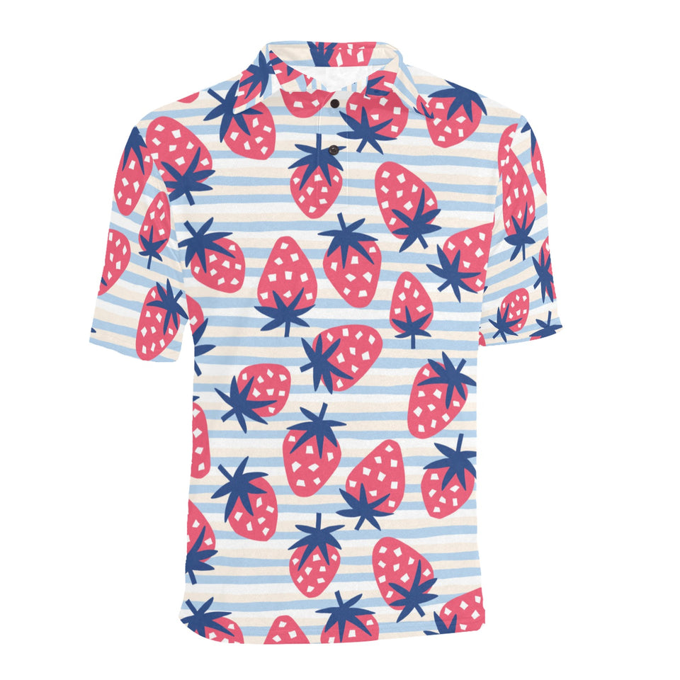 Strawberry pattern blue lines background Men's All Over Print Polo Shirt