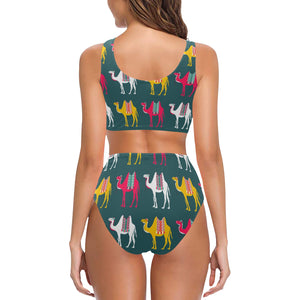 Camel pattern Chest Bowknot High Waisted Bikini Swimsuit