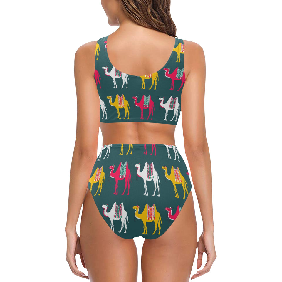 Camel pattern Chest Bowknot High Waisted Bikini Swimsuit