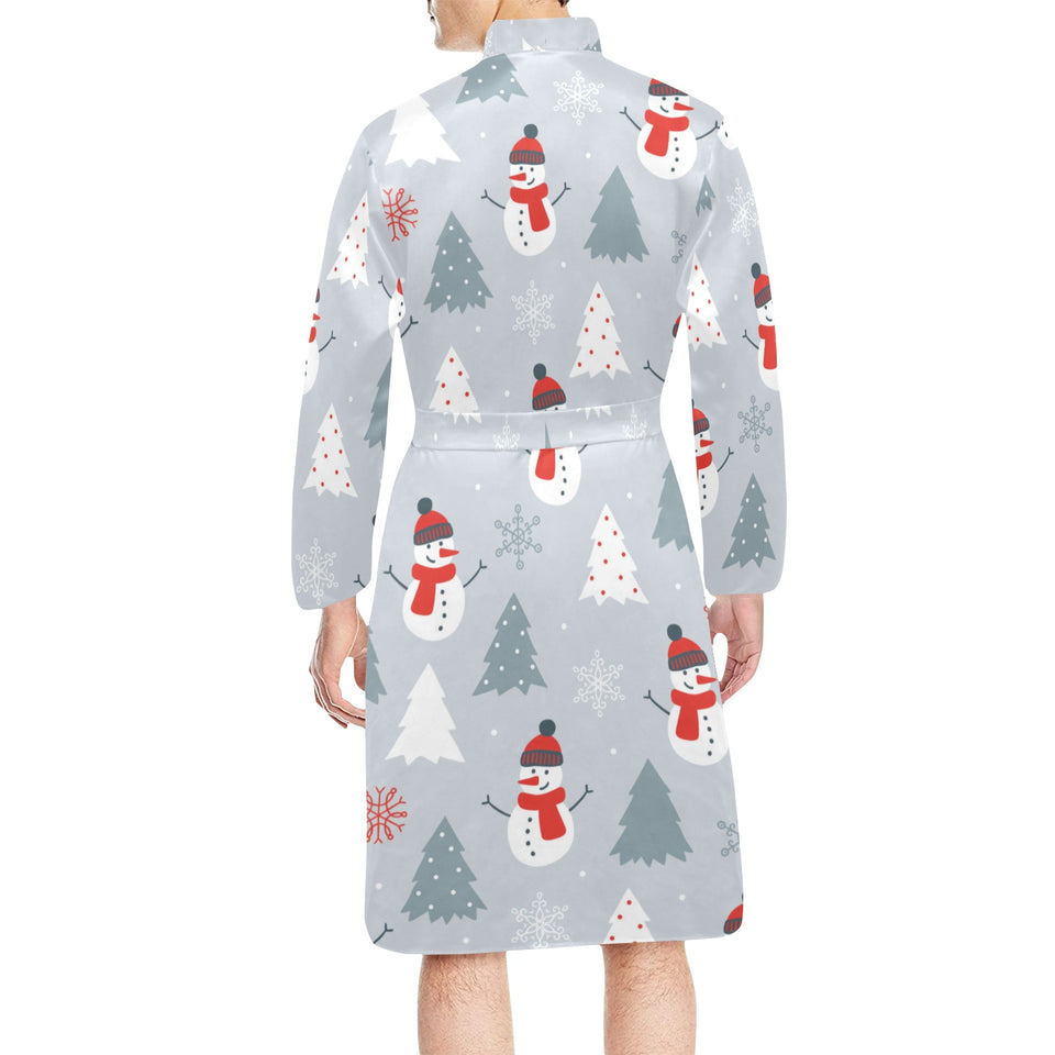 Snowman christmas tree snow gray background Men's Long Sleeve Belted Night Robe