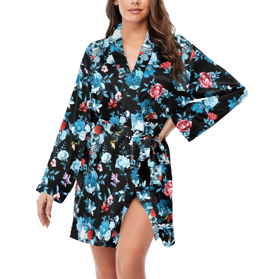 Skull flower roses leave pattern Women's Long Sleeve Belted Night Robe