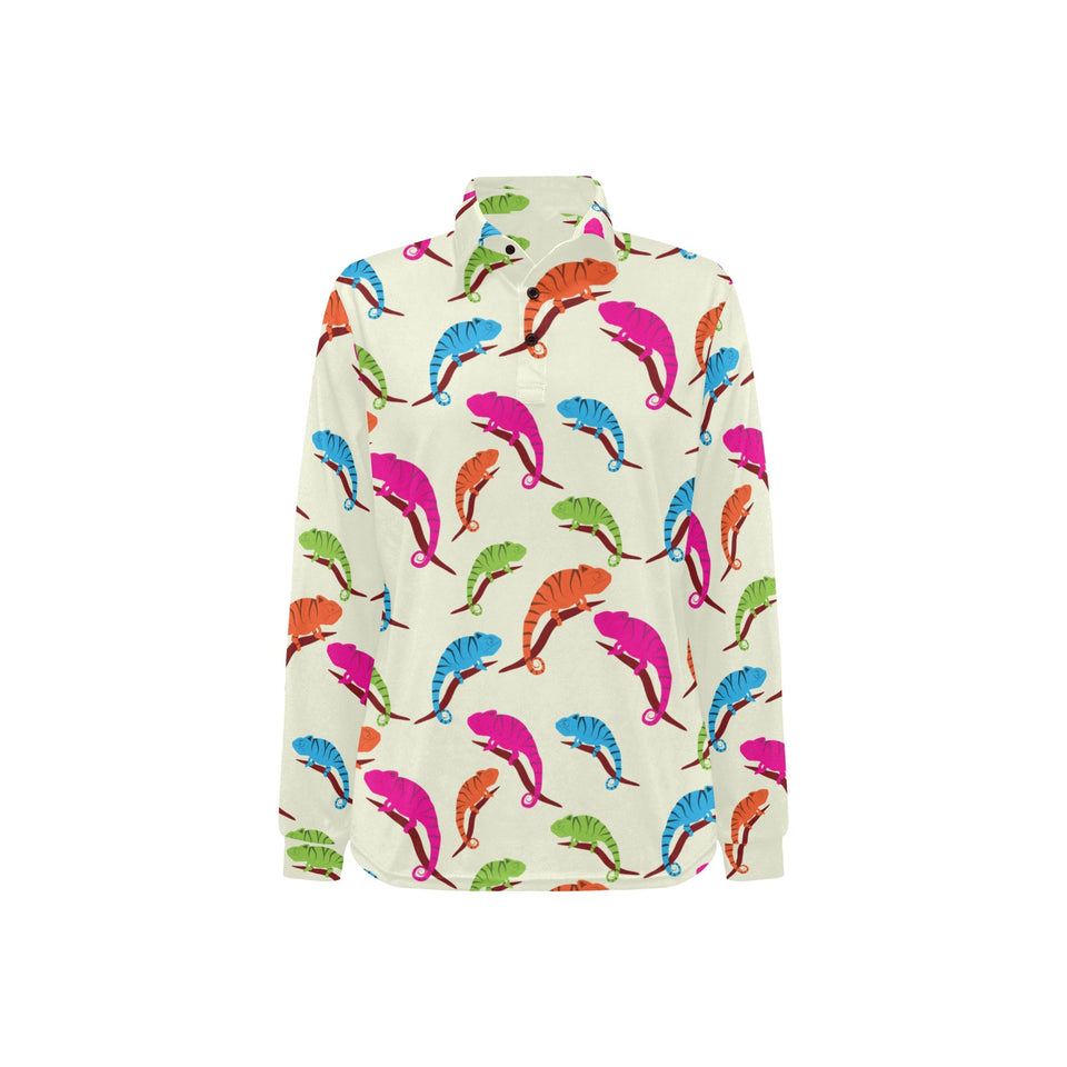 Colorful Chameleon lizard pattern Women's Long Sleeve Polo Shirt