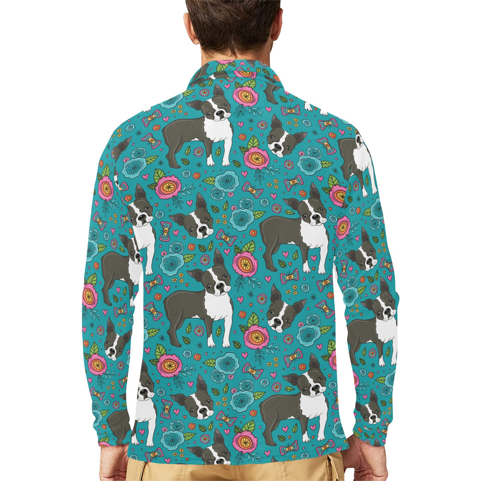 Boston terrier beautiful flower pattern Men's Long Sleeve Polo Shirt