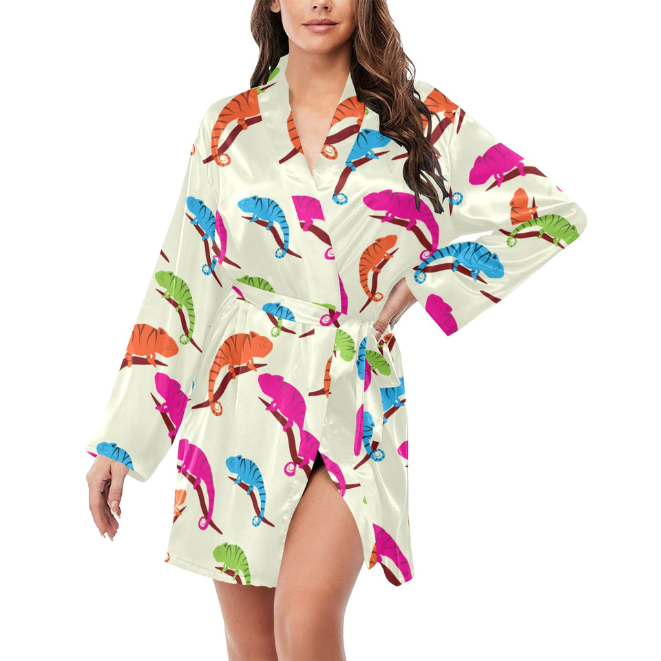Colorful Chameleon lizard pattern Women's Long Sleeve Belted Night Robe