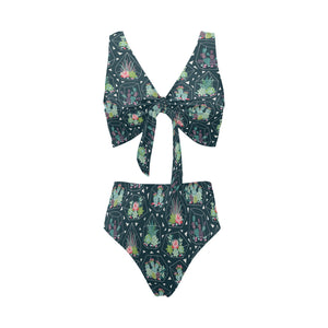 Cactus glass terrarium pattern Chest Bowknot High Waisted Bikini Swimsuit