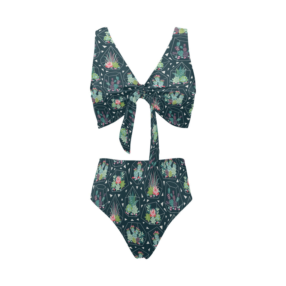 Cactus glass terrarium pattern Chest Bowknot High Waisted Bikini Swimsuit