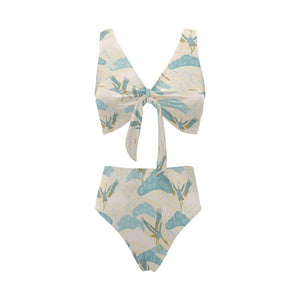 Bonsai bamboo stork japanese pattern cream theme Chest Bowknot High Waisted Bikini Swimsuit