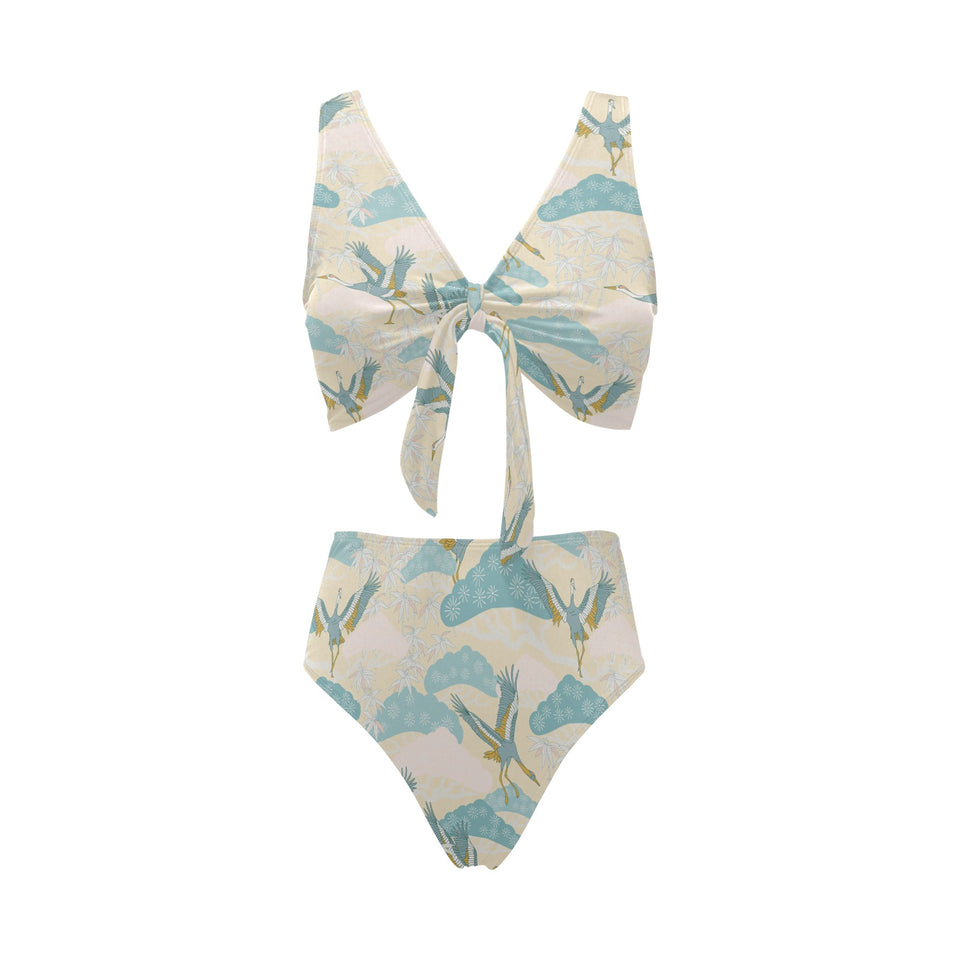 Bonsai bamboo stork japanese pattern cream theme Chest Bowknot High Waisted Bikini Swimsuit