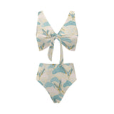Bonsai bamboo stork japanese pattern cream theme Chest Bowknot High Waisted Bikini Swimsuit