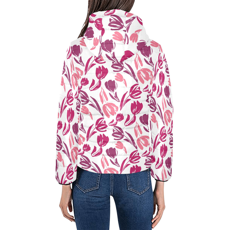 pink sketch tulip pattern Women's Padded Hooded Jacket