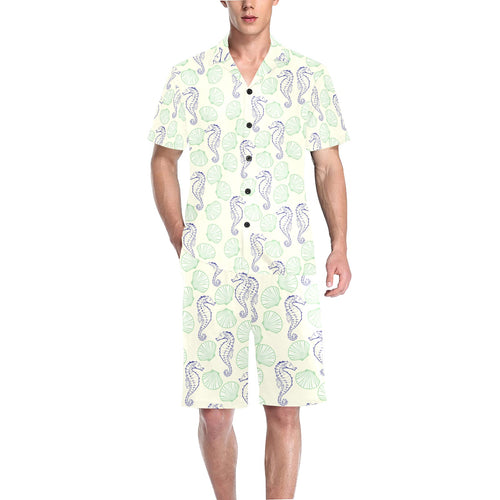 Seahorse shell pattern Men's V-Neck Short Pajama Set