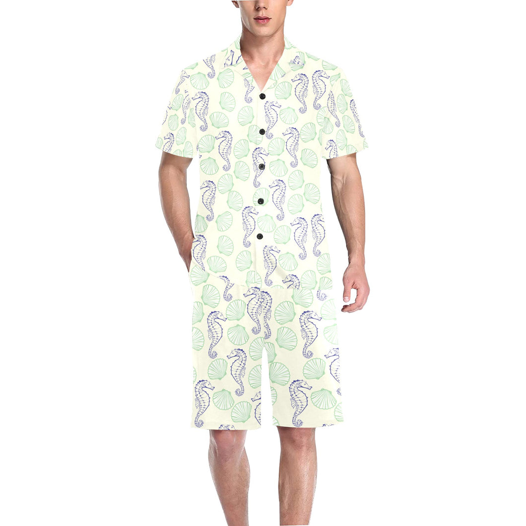 Seahorse shell pattern Men's V-Neck Short Pajama Set