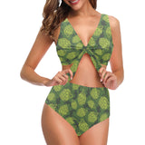 Hop pattern Hop cone background Chest Bowknot High Waisted Bikini Swimsuit
