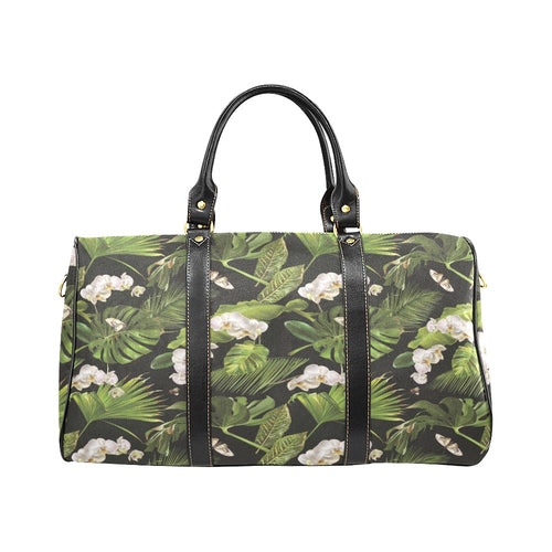 White orchid flower tropical leaves pattern blackg Travel Bag