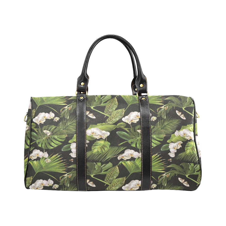 White orchid flower tropical leaves pattern blackg Travel Bag