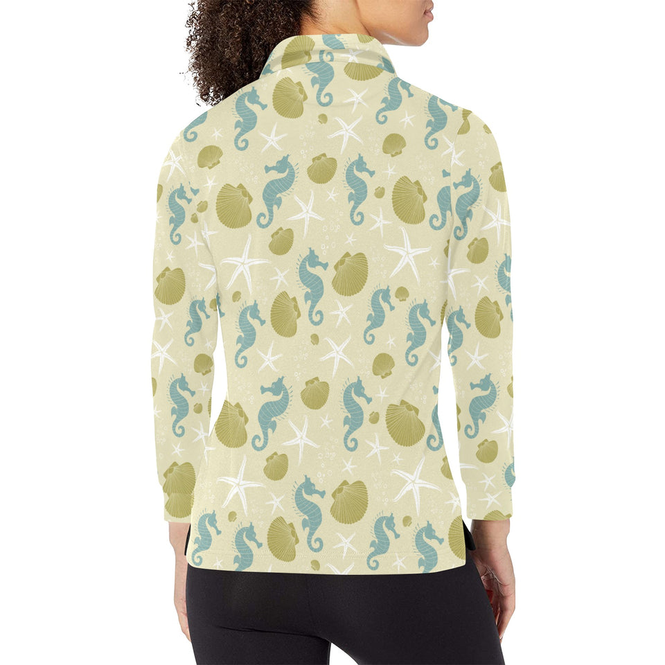 Seahorse shell starfish pattern background Women's Long Sleeve Polo Shirt