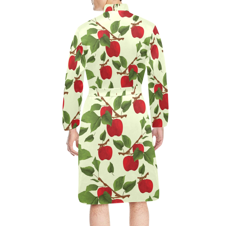 Red apples leaves pattern Men's Long Sleeve Belted Night Robe