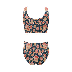 Christmas gingerbread cookie pattern Chest Bowknot High Waisted Bikini Swimsuit