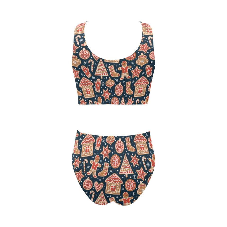 Christmas gingerbread cookie pattern Chest Bowknot High Waisted Bikini Swimsuit