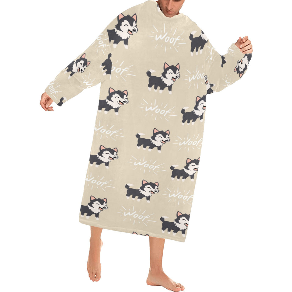 Cute Siberian Husky Blanket Robe with Sleeves