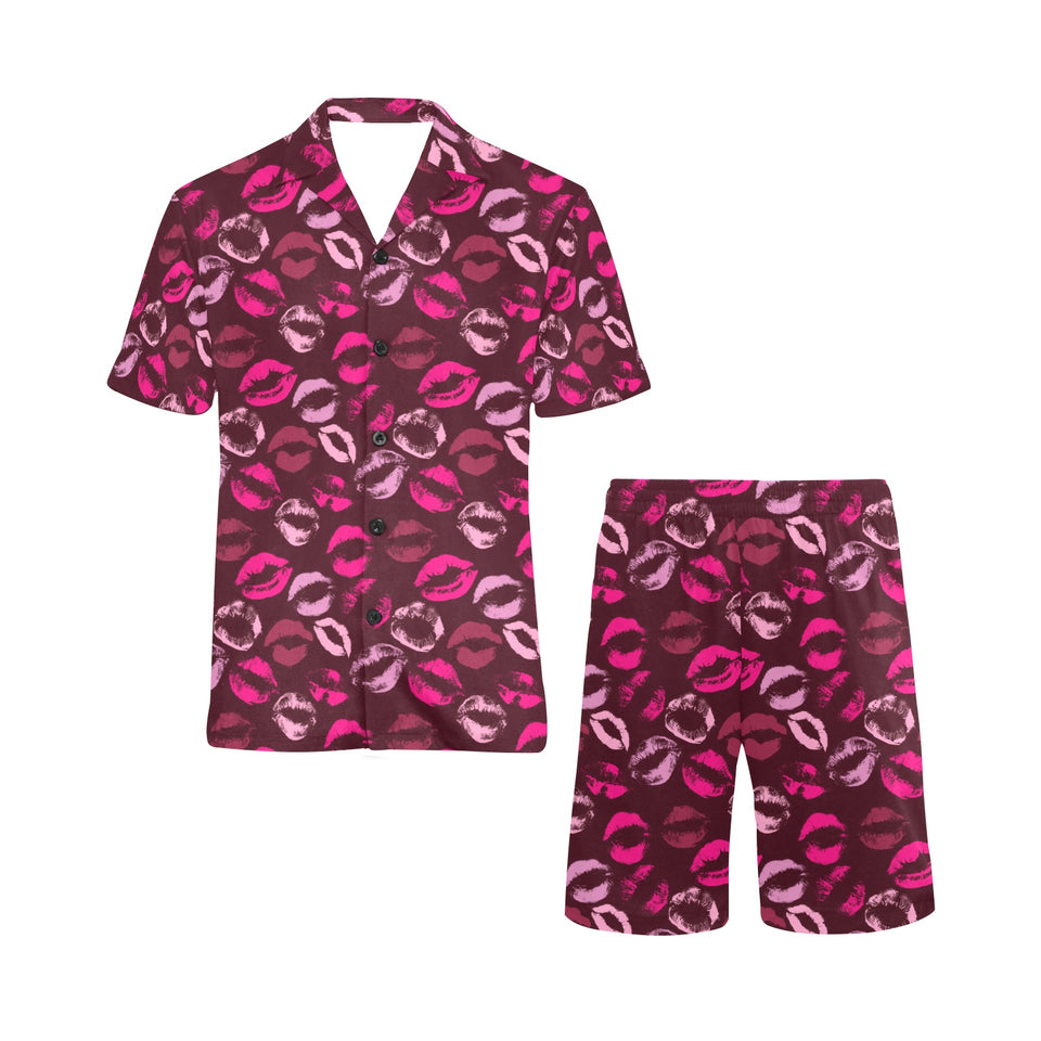 Lips Pattern Print Design 03 Men's V-Neck Short Pajama Set