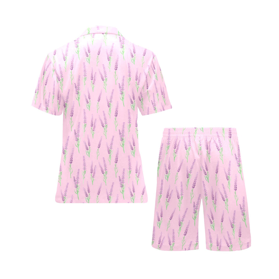 Lavender pattern pink background Men's V-Neck Short Pajama Set