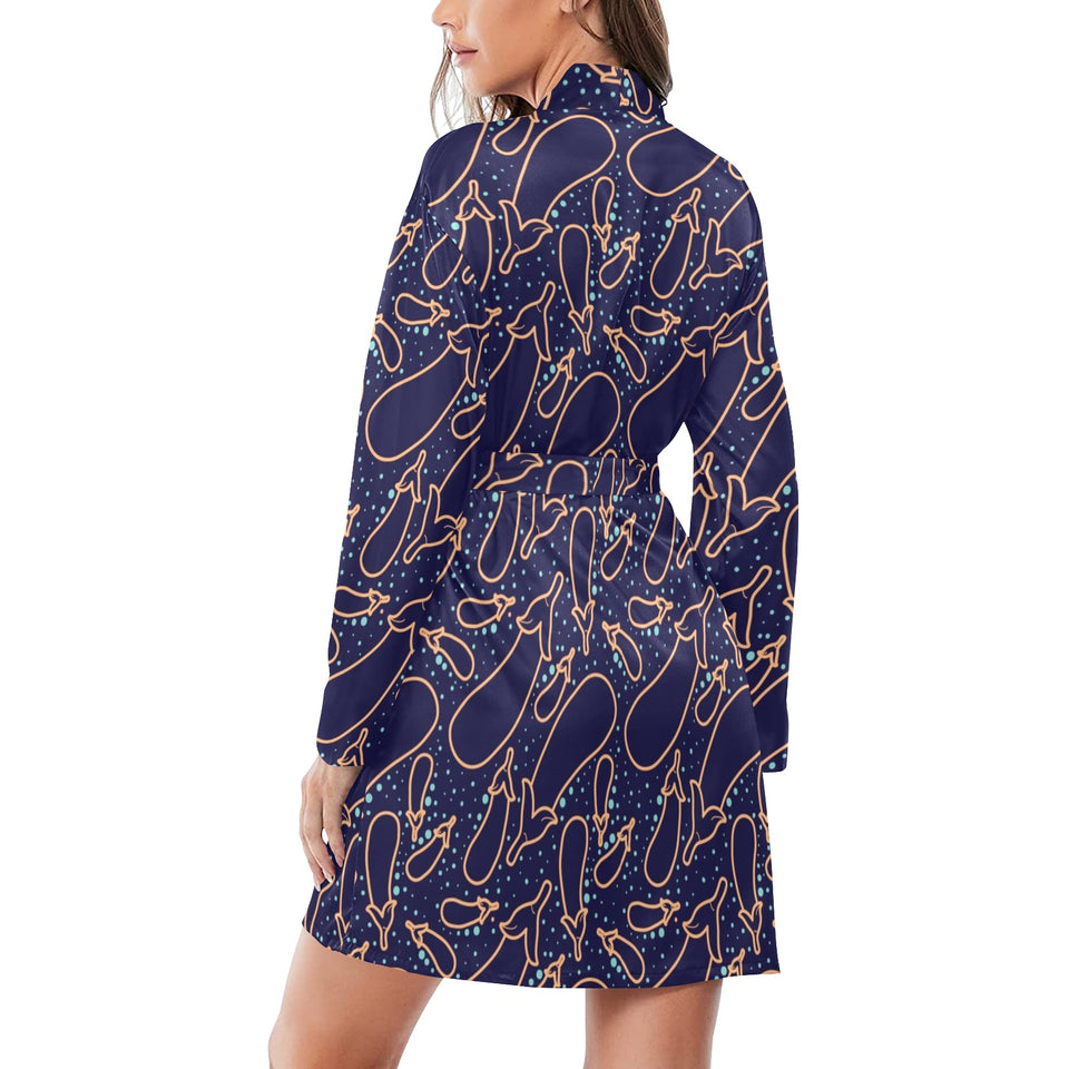 Eggplant Pattern Print Design 04 Women's Long Sleeve Belted Night Robe