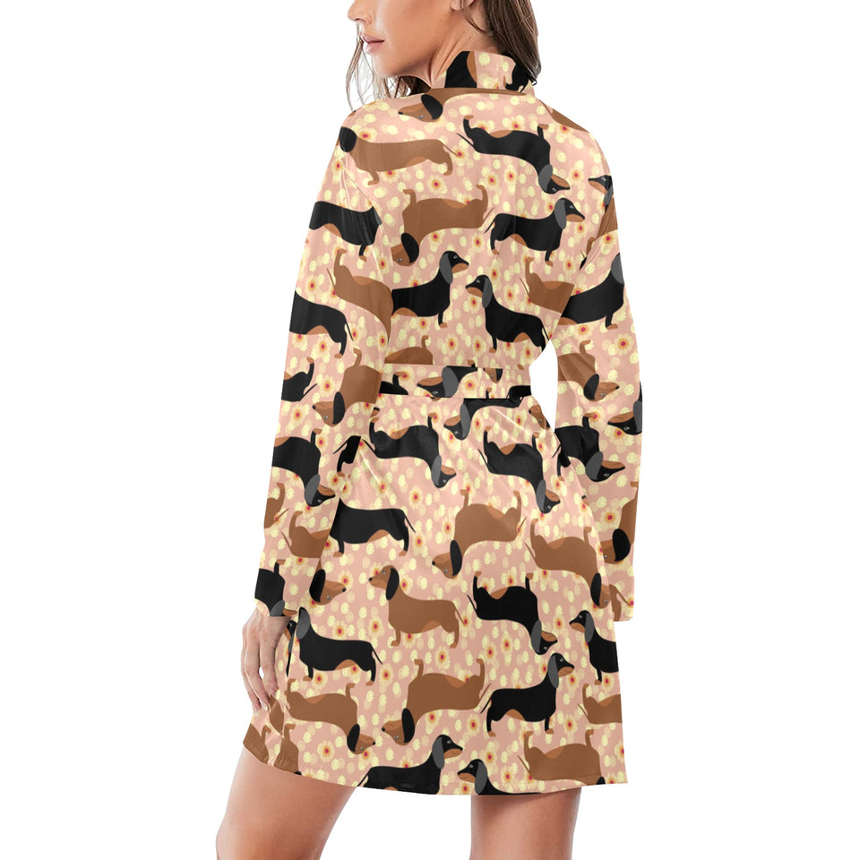 Dachshund floral background Women's Long Sleeve Belted Night Robe