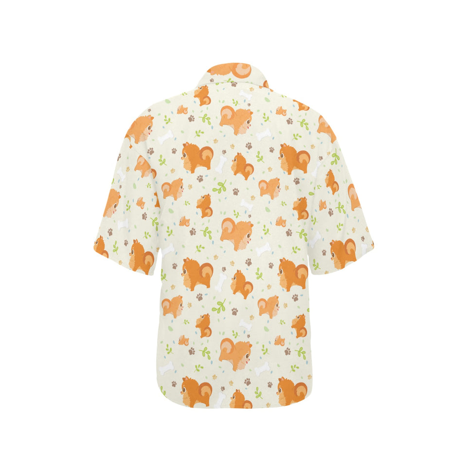 Cute brown pomeranian paw leave bone pattern Women's All Over Print Hawaiian Shirt