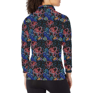 Octopus sea wave tropical fishe pattern Women's Long Sleeve Polo Shirt