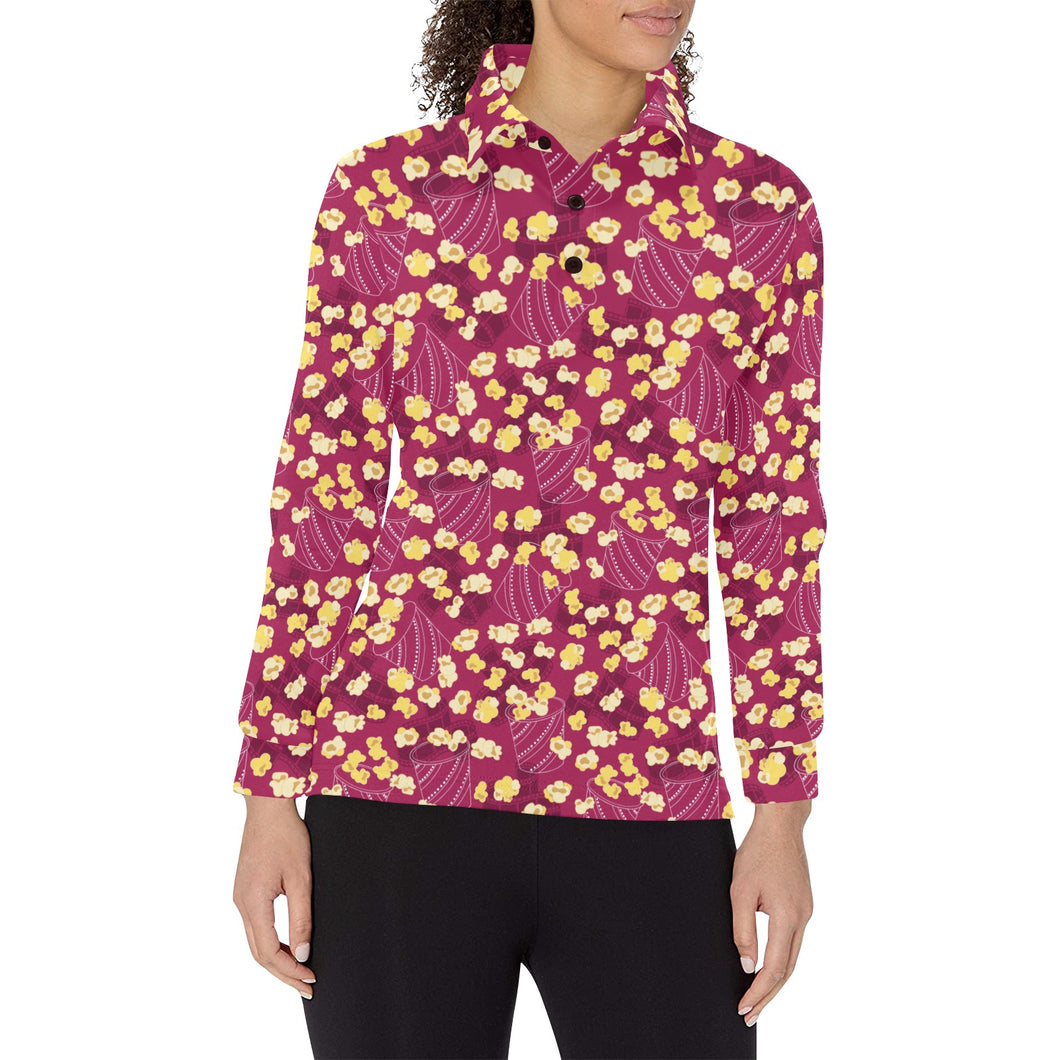 Popcorn Pattern Print Design 02 Women's Long Sleeve Polo Shirt