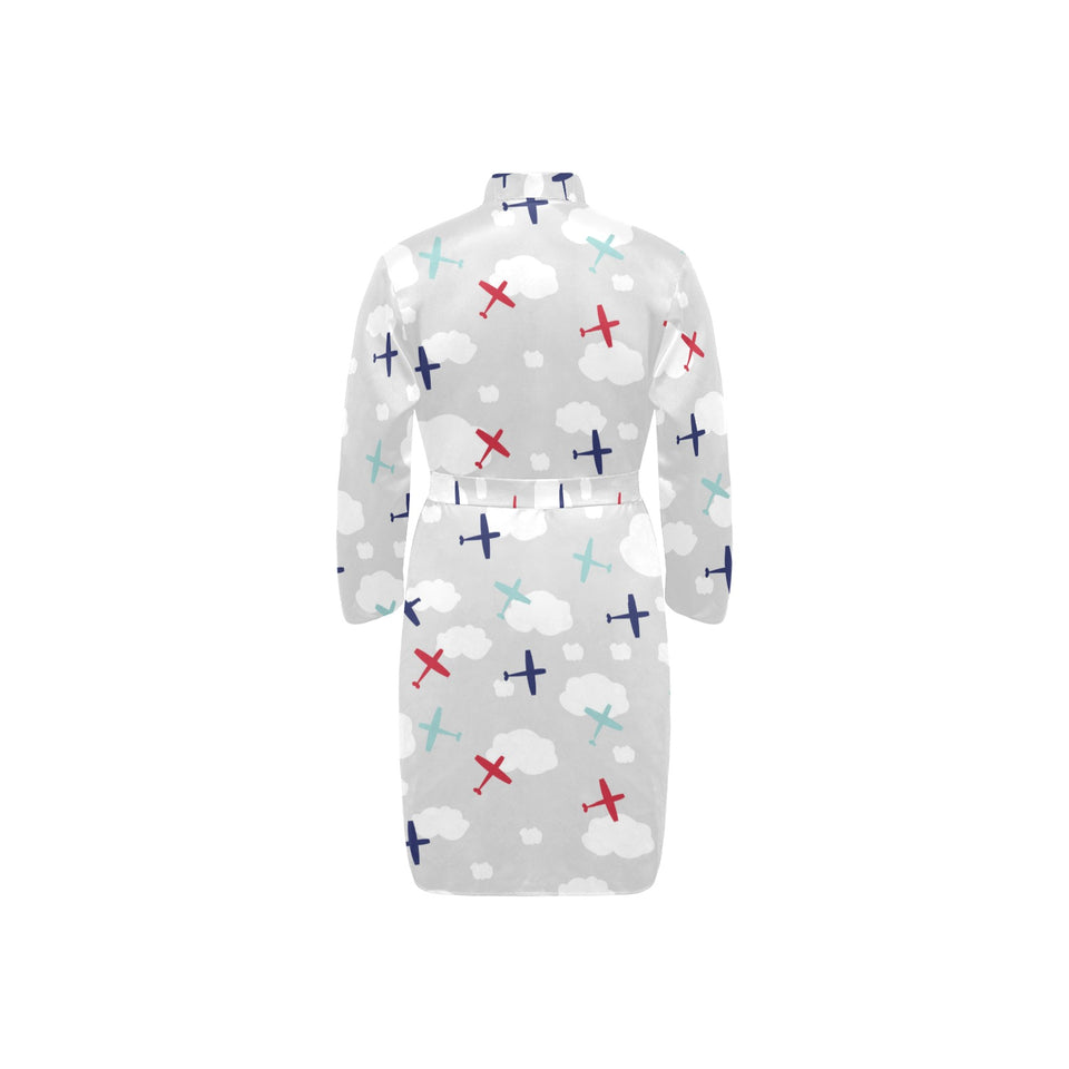 Airplane cloud grey background Men's Long Sleeve Belted Night Robe